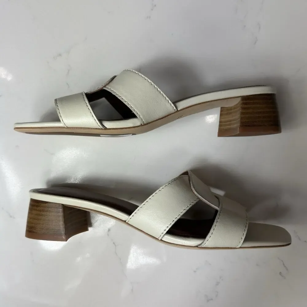Quince Italian Leather Wood Block Heel Mule White (Color - Bone) Womens Size 9.5
